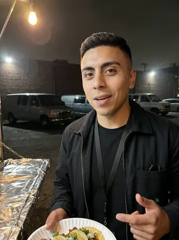 Eduardo, AI character: beside the al pastor taco stand behind the venue after a show, parked vans and the venue back wall in the…
