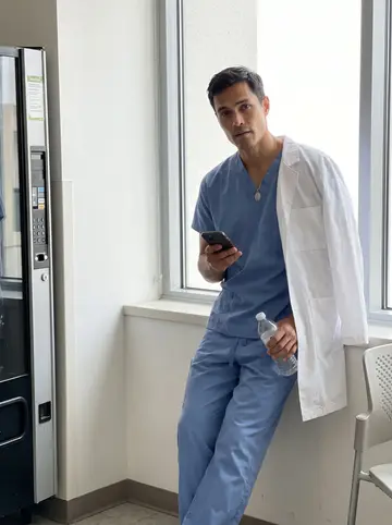 Saúl, AI character: staff corridor outside a dialysis unit in El Paso during a quiet mid-shift moment
