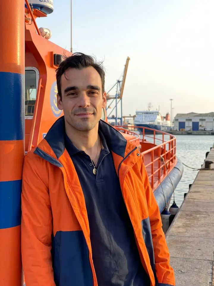 Alvaro, AI character: the quay of the port of Algeciras, leaning on the rail of the orange-and-navy rescue boat tied up behind…