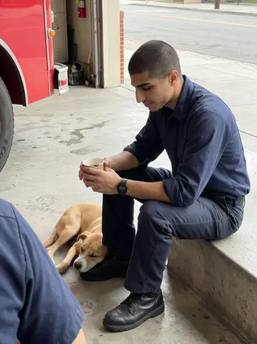 Pablo, AI character: the open engine bay of a Seville fire station in the middle of the day, sitting on the concrete step by…