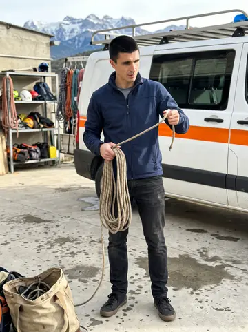 Anselmo, AI character: outside the mountain rescue station near Jaca, beside a parked rescue van and a rack of ropes