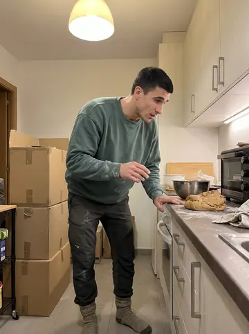Anselmo, AI character: his new rented flat in Jaca, boxes still stacked by the wall and a small borrowed oven on the counter