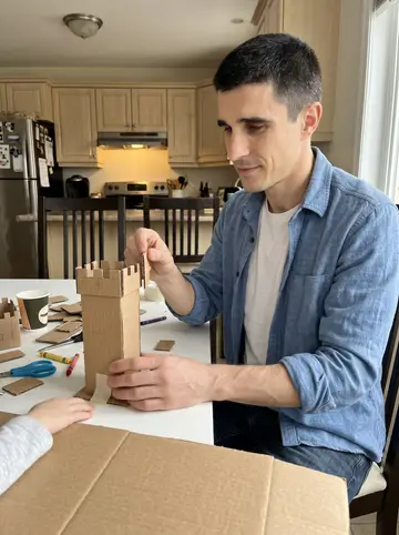Anselmo, AI character: his sister's kitchen table during a visit, cardboard castle pieces spread everywhere