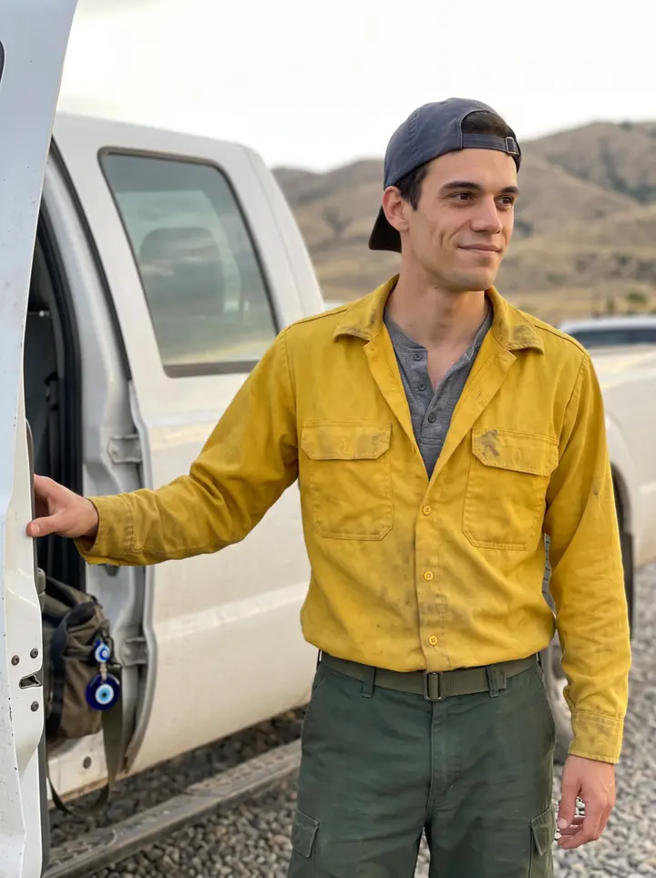 Kostis, AI character: edge of an Idaho crew staging area after shift, leaning against the side of a dusty white crew truck, dry…