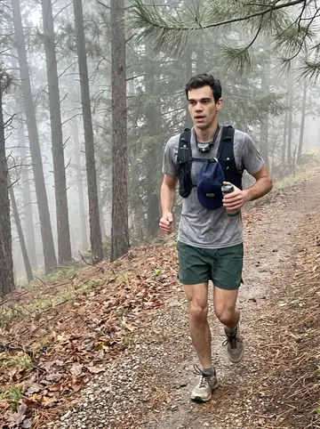 Kostis, AI character: narrow pine trail outside Boise just after dawn, pale fog between the trees and his headlamp still around…