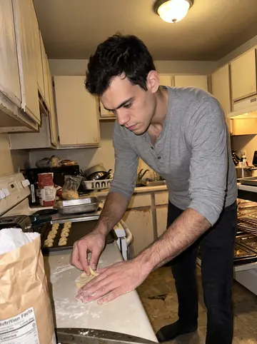 Kostis, AI character: tiny rented apartment kitchen in Idaho at 3 a
