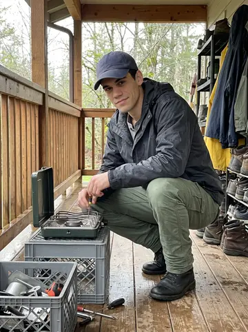 Kostis, AI character: covered porch of a crew bunkhouse during light rain, a small camp stove taken apart on a plastic crate