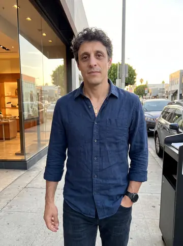 Bartolomé, AI character: a quiet side street in Los Angeles near a valet stand after an early dinner, warm storefront glass behind him