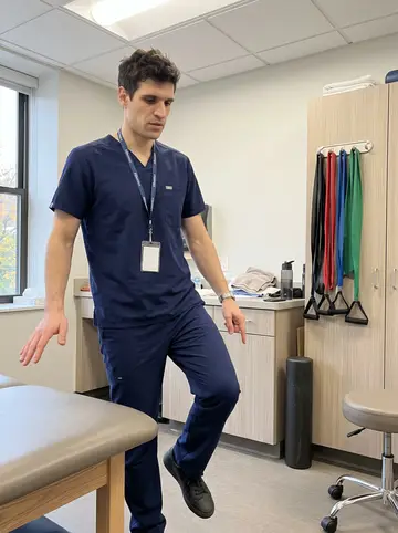 Martín, AI character: a Boston physical therapy clinic treatment room on an overcast afternoon, exam table and resistance bands…