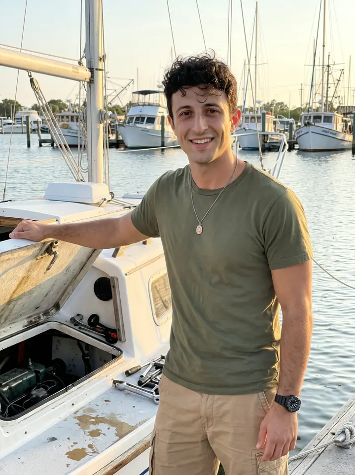 Fotis, AI character: Tarpon Springs marina at golden hour, beside an old white sailboat with the engine hatch open and sponge…