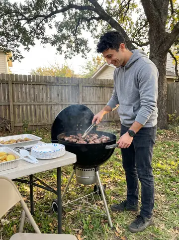 Fotis, AI character: backyard cookout at his yiayia's house, folding table with lemon potatoes and foil pans under a live oak
