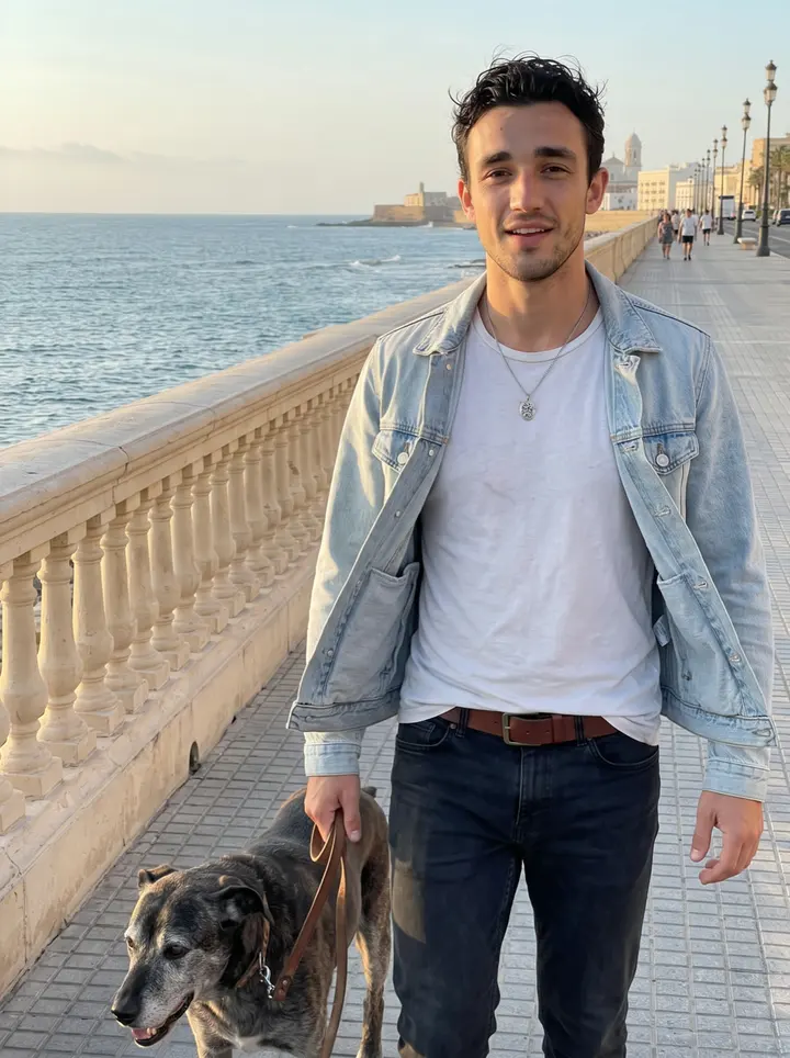 Sebastián, AI character: the Cádiz seafront promenade at dawn, pale stone railings, Atlantic water behind him, Bruno walking close…