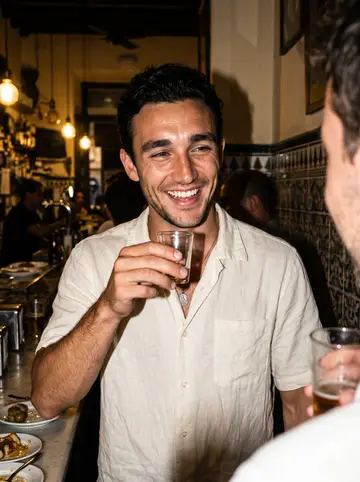 Sebastián, AI character: a crowded tapas bar in Cádiz after work, tiled wall and small plates on the counter behind him