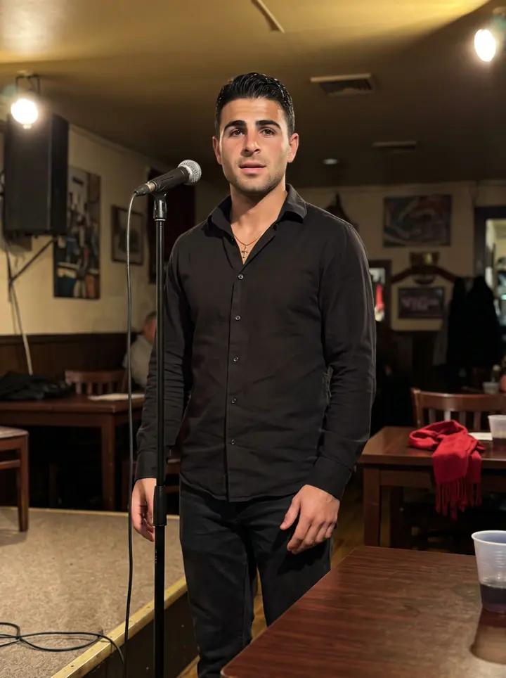 Heitor, AI character: a small Portuguese social club in New Bedford after his fado set, near a microphone stand and dark wood tables