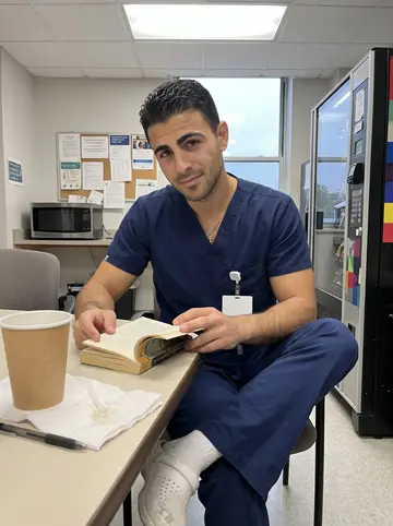 Heitor, AI character: the staff break room at the New Bedford emergency department during a quiet afternoon pause