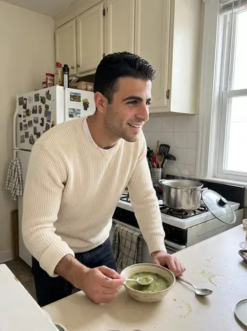 Heitor, AI character: his grandmother's bright kitchen in New Bedford, a pot of caldo verde cooling on the stove
