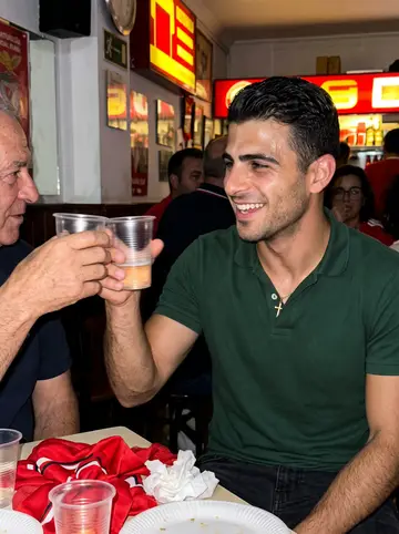 Heitor, AI character: a crowded Portuguese social club during a Benfica match night, red scarves and plastic cups around the table