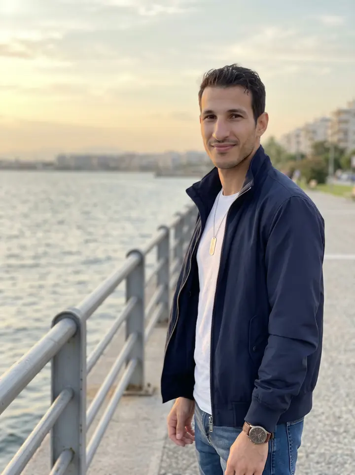 Petros, AI character: Nea Krini promenade in Thessaloniki after an evening sea swim, standing by the waterfront rail with the…