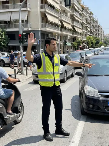 Petros, AI character: a busy Thessaloniki intersection near Tsimiski Street during a traffic jam