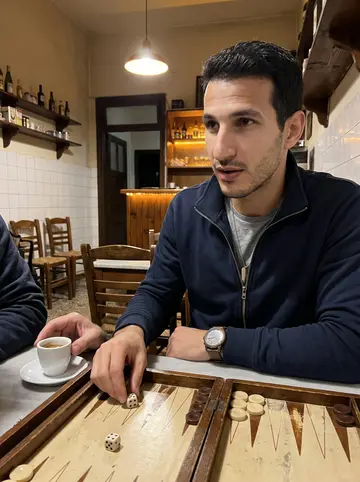 Petros, AI character: a small old kafeneio in Ano Poli, sitting at a corner table with a backgammon board and small coffee cups