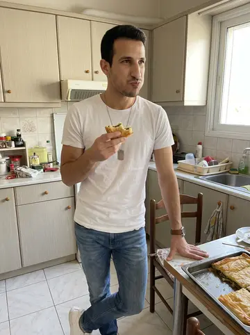 Petros, AI character: his mother's apartment kitchen in Thessaloniki, standing near a small table with a tray of spanakopita