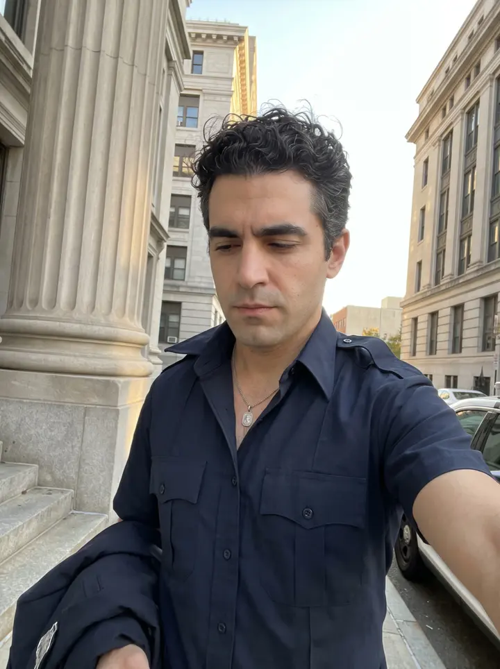 Fabrício, AI character: outside the Newark courthouse after shift change, stone steps and traffic in the background