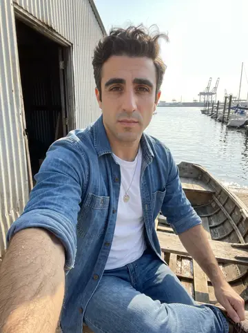 Fabrício, AI character: a small marina shed near Newark Bay where he works on his grandfather's old rowboat