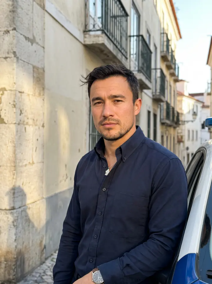 Fernão, AI character: a narrow Alfama street in Lisbon at late afternoon, beside a pale stone wall and old apartment balconies