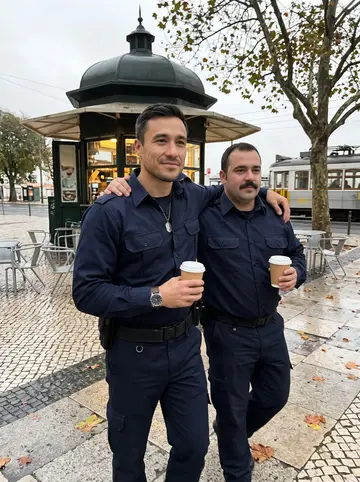 Fernão, AI character: inside a Lisbon tram or commuter carriage after a damp late shift, window streaked with rain behind him