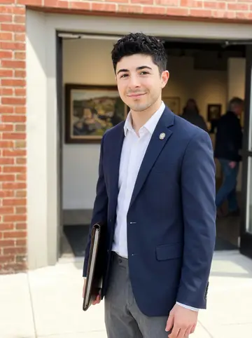 Bernardino, AI character: outside the small regional art show in Fall River, standing in the doorway with brick around him and a…