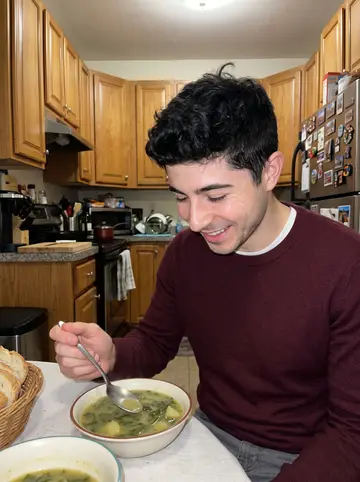 Bernardino, AI character: his aunt's crowded Fall River kitchen during dinner, bowls of caldo verde and bread on the table