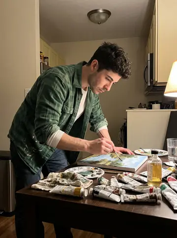 Bernardino, AI character: his small apartment kitchen table late at night, oil paint tubes, linseed bottle, and a half-finished…