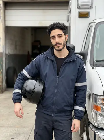 Aristotelis, AI character: outside an Astoria ambulance station during a quiet coffee break, garage doors open behind him