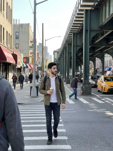 Aristotelis, AI character: Astoria ferry landing on a clear spring day, bicycle beside him and the East River behind