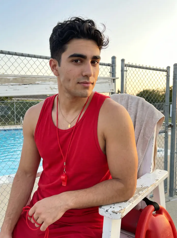 Hernâni, AI character: outside the Ironbound public pool after closing, leaning against the lifeguard chair with the fence and…