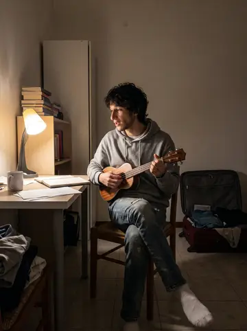 Davide, AI character: small rented Milan room with two suitcases still half-unpacked beside a narrow desk