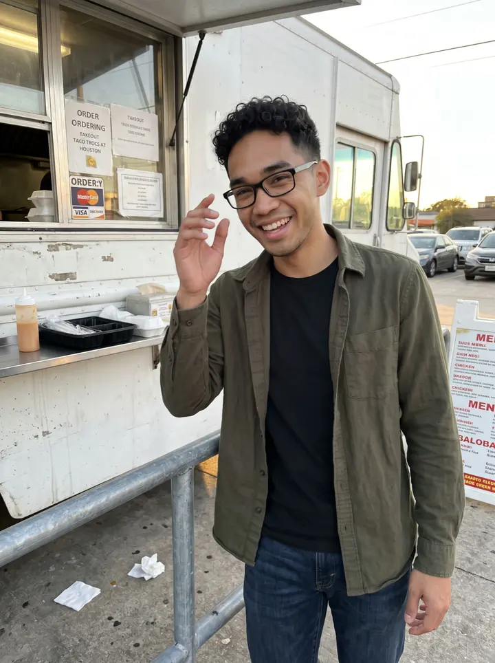 Remy, AI character: outside his favorite Houston taco truck after an early dinner, leaning against the metal rail beside the…