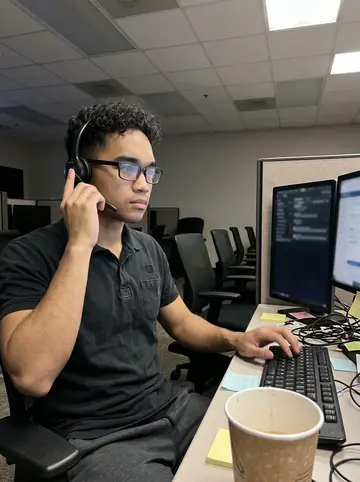 Remy, AI character: overnight crisis line office in Houston, at his desk between calls with rows of dark monitors and a paper…
