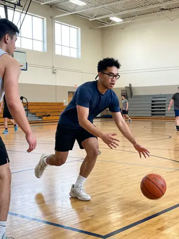 Remy, AI character: Sunday morning pickup basketball at the YMCA gym, caught near the free-throw line while chasing a loose ball
