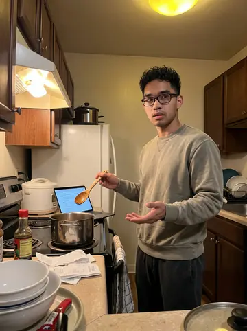 Remy, AI character: small apartment kitchen above the laundromat, trying to cook his lola's adobo with a laptop recipe open on…