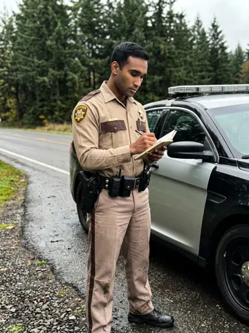 Nathan, AI character: a rural shoulder outside Salem after a training check, patrol car partly visible behind him, wet fir trees…