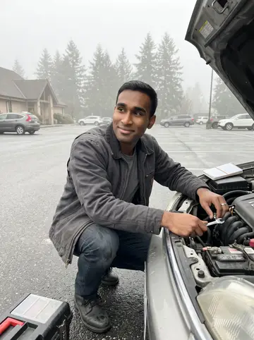 Nathan, AI character: church parking lot on a damp Saturday morning, youth van with its hood open, toolbox on the asphalt, low…