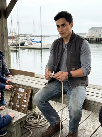 Stuart, AI character: the Gloucester pier on a Saturday morning, beside a weathered bench with a coil of rope and a small knot board