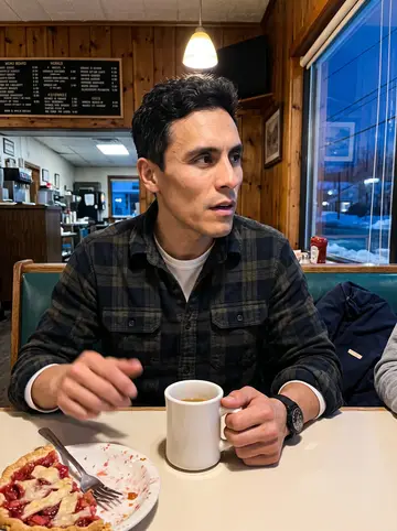 Stuart, AI character: a small Gloucester diner booth at night, half a slice of strawberry-rhubarb pie and a coffee mug on the…