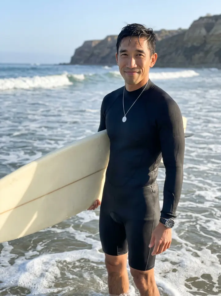 Jian, AI character: the Point Loma surf break just after sunrise, standing knee-deep at the edge of the water with his…