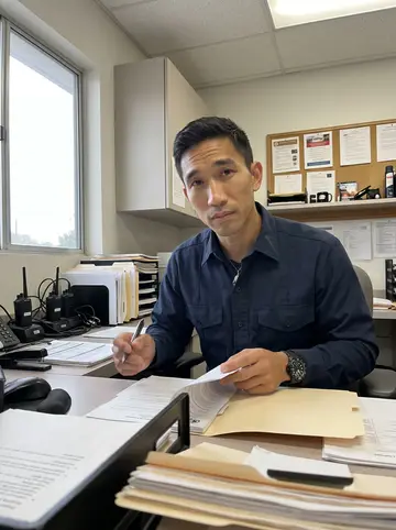 Jian, AI character: a small administrative office inside a San Diego emergency services station, paperwork stacks and radio…