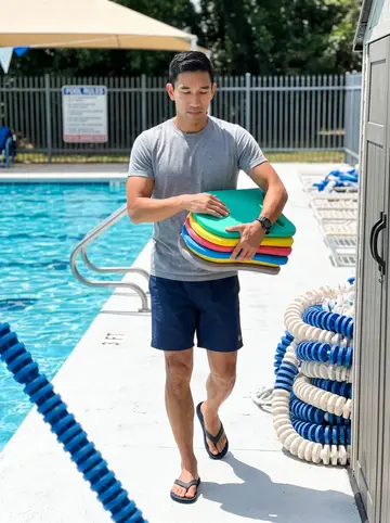 Jian, AI character: the public pool deck after his free weekend swim safety clinic, kickboards and lane ropes stacked near the…