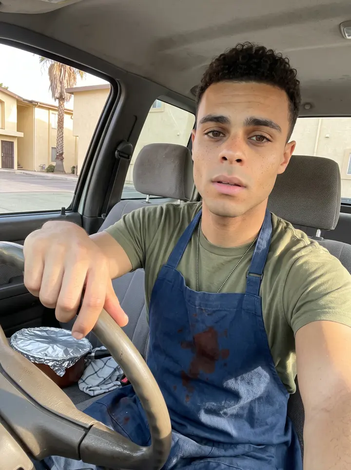 Akeem, AI character: the edge of a Las Vegas base parking lot at golden hour, standing by the open door of his older dark-blue…
