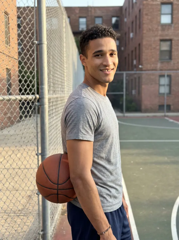 Kobby, AI character: the apartment basketball court in Philadelphia at golden hour, chain-link fence and brick apartment blocks…