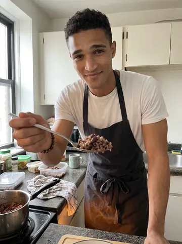 Kobby, AI character: small apartment kitchen on a Sunday morning, pot on the stove and containers lined up for his sisters' lunches